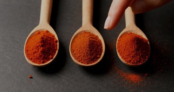 Three wooden spoons with different paprika varieties. Sweet, bittersweet, spicy concept.