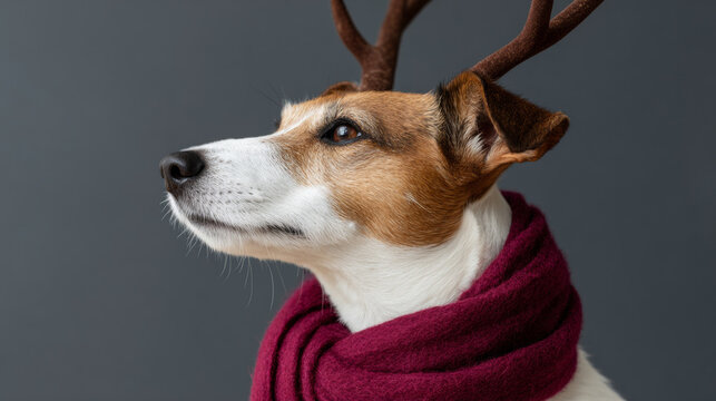 A dog with reindeer antlers and a scarf on its neck is looking to the side