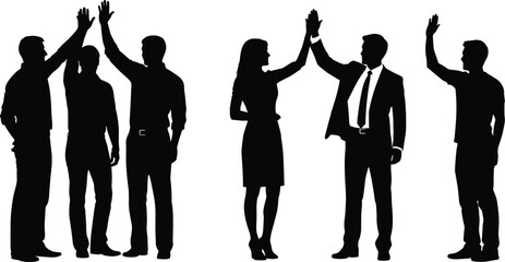 Silhouettes of Business People and Casual Groups Raising Hands for a High Five or Celebration, Representing Teamwork, Success, Agreement, and Collaboration Vector Illustration