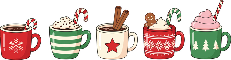 Set of Five Festive Hot Chocolate Mugs with Whipped Cream, Candy Canes, Cinnamon Sticks, and Christmas Patterns, Cozy Winter Beverage Vector Collection