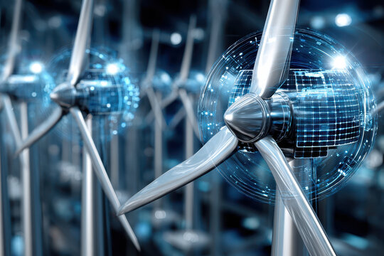 Renewable energy showcased through advanced wind turbines with digital technology enhancements