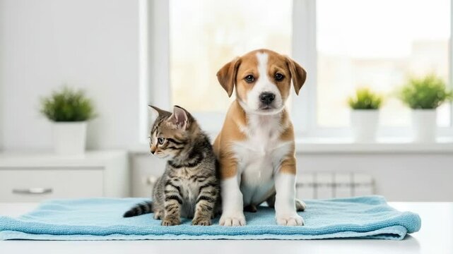 Cute small kitten and puppy sitting together on a blue towel in a light room, domestic pet friends concept