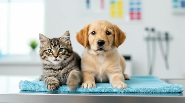 Cute small kitten and puppy sitting together on a blue towel in a light room, domestic pet friends concept