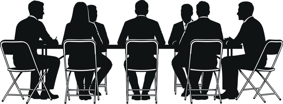 Silhouette Vector Illustration of Business People Sitting at a Long Conference Table During a Meeting, Representing Teamwork, Corporate Strategy, and Office Collaboration
