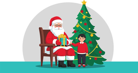 Santa Claus Sitting on a Chair and Giving a Gift to a Happy Little Child Near a Decorated Christmas Tree, Festive Holiday Tradition Meeting Vector Illustration