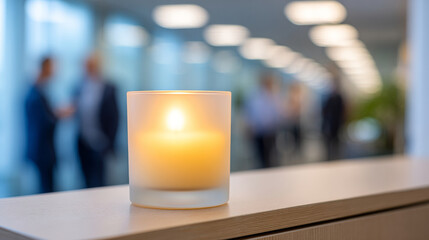 A lit candle on a wooden surface with blurred people in the background