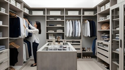 Productive Asian Woman Organizing Clothes in a Luxurious Modern Walk-in Closet, Showcasing Home-Life Mastery and Efficient Lifestyle Choices with Elegant Storage Solutions
