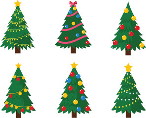 Set of Six Decorated Christmas Tree Icons with Baubles, Garland, Star Toppers, and Lights, Festive Holiday Design Vector Illustration Collection