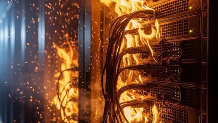Server rack experiencing a catastrophic fire with flames engulfing data cables and hardware. Concept of data loss, disaster recovery, and IT infrastructure failure.