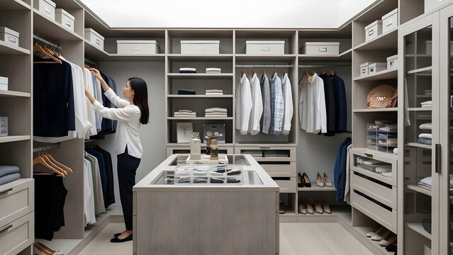 Productive Asian Woman Organizing Clothes in a Luxurious Modern Walk-in Closet, Showcasing Home-Life Mastery and Efficient Lifestyle Choices with Elegant Storage Solutions