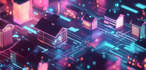 Abstract futuristic cityscape illuminated by vibrant neon lights and glowing geometric structures creating a dazzling digital metropolis at night