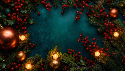 This is a festive and lush holiday flat lay featuring a circular arrangement of dark green fir branches, shimmering copper and gold Christmas ornaments, and bright red holly berries.