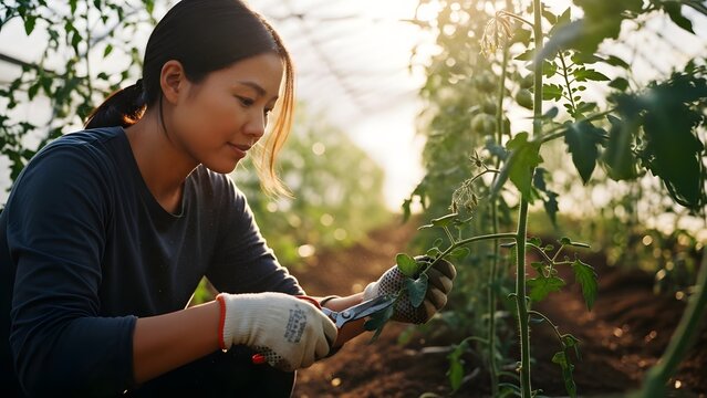 Focused Asian woman in cinematic golden light meticulously prunes tomato plants in a vibrant greenhouse, embodying home gardening, modern sustainable lifestyle, and productive DIY cultivation.