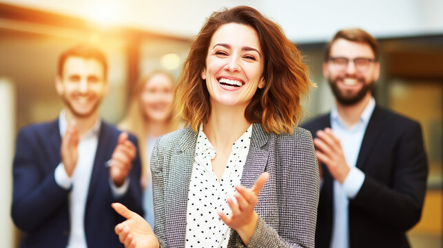 Business woman smiling and clapping hands, celebrating success with colleagues during a corporate conference or meeting