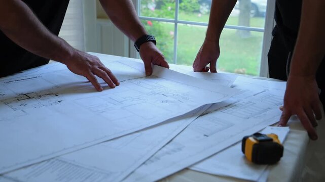 Architecture design project discussion, architect designer engineering team discuss interior drawing of building, floor plan, drafting printed on paper.