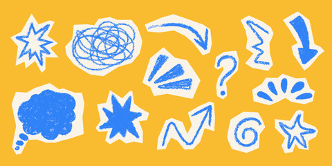 Fun hand drawn doodles icon set. Playful torn paper doodle stickers. Decorative bright sketch accents for collage scrapbook design. Kids childish business education symbols