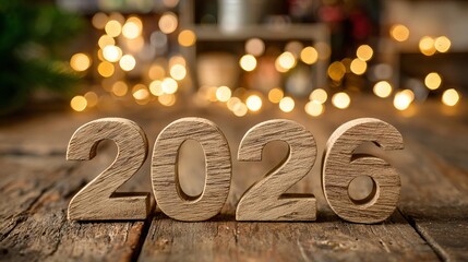Celebrate the new year 2026 with festive wood numerals and glowing bokeh lights, perfect for seasonal greetings and holiday promotions