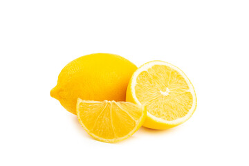Lemon isolated on white background. Lemon fruits with a slice. Fresh lemon fruits with citrus leaves. Lemon juice. Pattern. Space for text.