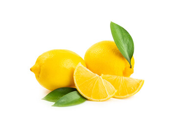 Lemon isolated on white background. Lemon fruits with a slice. Fresh lemon fruits with citrus leaves. Lemon juice. Pattern. Space for text.