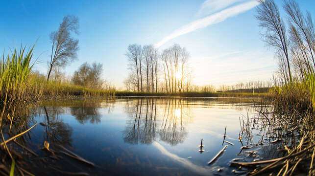 Tranquil water reflecting bare trees and a bright sunburst, surrounded by green reeds and blue sky, capturing a peaceful wetland dawn