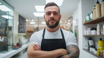 Professional barber with beard and tattooed arms standing proud in a modern barbershop, showing confident expertise
