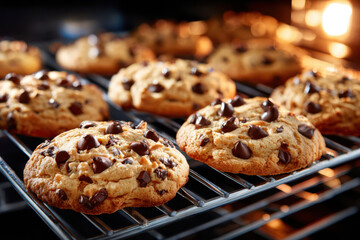 Close Up Chocolate Chip Cookies Baking In Oven