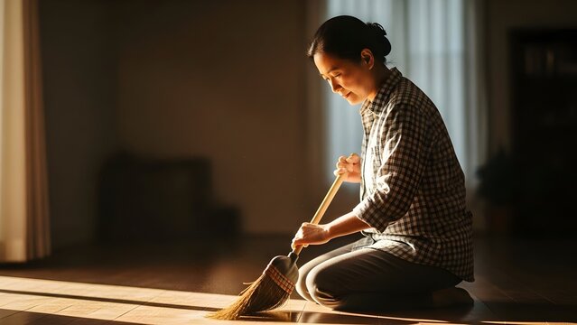 Dedicated Asian woman kneeling and sweeping a dusty wooden floor with a broom, illuminated by cinematic sunlight, emphasizing home-life mastery and a clean, productive modern lifestyle. - Powered by Adobe