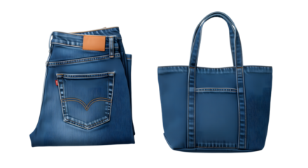 Folded denim jeans and a denim tote bag isolated on white background