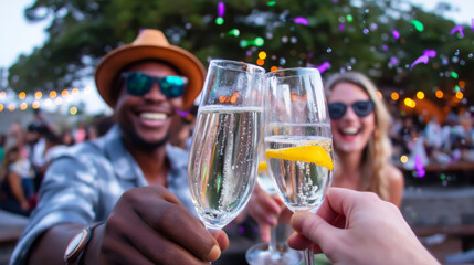 Happy diverse people clinking champagne glasses in a festive outdoor setting, celebrating friendship, success, and special occasions