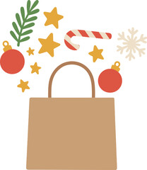 Top view of a paper bag holding New Year's toys and decor, with a banner featuring holiday accessories and a blank space for text