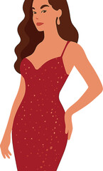 A stunning, sexy woman dons a luxurious, slim red dress with shiny sequins for a party celebrating New Year's and Christmas, showcasing her beauty salon hair, makeup, perfect body shape, jewelry, and