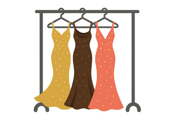 Elegant evening gowns shimmer on the rack, epitomizing haute couture and designer high fashion