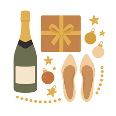 Top‑view flat lay featuring champagne, a gift, women&rsquo;s shoes, Christmas ornaments, and golden holiday d&eacute;cor