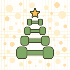New Year's fitness wallpaper featuring a creative Christmas tree crafted from green dumbbells and bokeh, presented in a flat lay, top view with a minimalistic background, as a gym fitness greeting