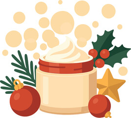 Mock-up of a luxurious Christmas cosmetic cream without a label, featuring Christmas accessories against a bokeh background