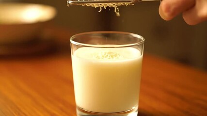 Creamy milk pouring into a clear glass on a rustic wooden table, offering a soothing and comforting beverage experience, perfect for health and wellness promotions