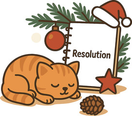 A sleepy red kitten naps on the floor beside Christmas decorations and a notebook marked &ldquo;2022 resolution&rdquo;; it&rsquo;s a New Year&rsquo;s still life with selective focus and a blurred background