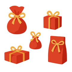 A set of watercolor holiday red presents and bags gracefully bound with gold ribbons