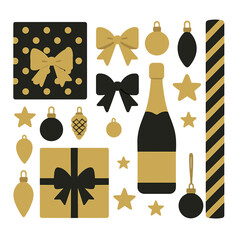 Top-view flat lay of a Christmas set featuring gift boxes, a champagne bottle, bows, decorations, and gold and black wrapping paper