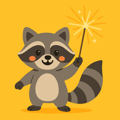 A cheerful raccoon holding a sparkler against a vivid yellow background, ready for festivities, greeting card print design