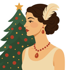 Retro Christmas portrait of a woman: an elegant brunette lady with a feather in her wedding hairstyle, beauty makeup, and a ruby jewelry set, posing in front of a Christmas tree background