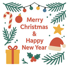 A vector template for a Merry Christmas and Happy New Year greeting card featuring traditional festive congratulations, winter holiday motifs, fir branches, garlands, and Christmas items in a