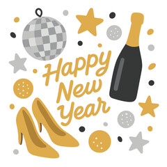 Top-down view of golden &ldquo;Happy New Year&rdquo; lettering, a disco ball, classic gold and silver glitter decorations, shoes, and a champagne bottle set against a white backdrop &ndash; a New Year layout