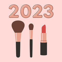 A top-down view of cosmetic brushes and lipstick against a pink backdrop, with rose‑gold numerals 2023 above, suitable for a New Year&rsquo;s promotion and text overlay