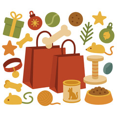 A background for pet holiday shopping and gifts featuring toys, accessories, food, and treats for cats and dogs, adorned with Christmas and New Year decorations on a white background with copy space