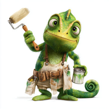 A cartoon of a chameleon painting with a roller and holding a can of paint 