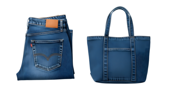 Folded denim jeans and a denim tote bag isolated on white background