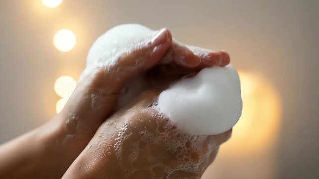 Woman washing her hands with white soap foam as part of a hygiene and sanitization routine for health and skin care