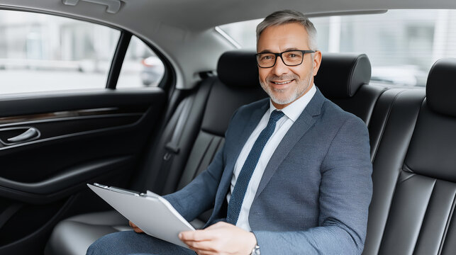 Happy businessman looking at camera and holding documents while relaxing in a car, enjoying an efficient executive trip