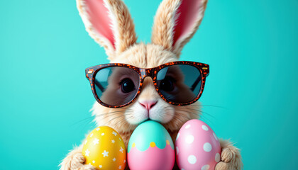 Encantador y esponjoso conejito marr&oacute;n beige con gafas de sol sosteniendo huevos de Pascua de colores sobre fondo turquesa. Divertido, alegre, celebraci&oacute;n, ambiente primaveral alegre y festivo.